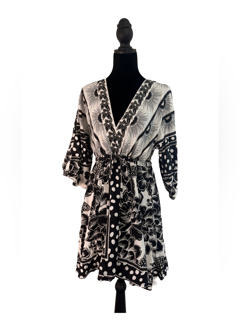 FARM Rio for Anthropologie Blk White Floral Print Mini Dress Balloon Sleeve Sz M